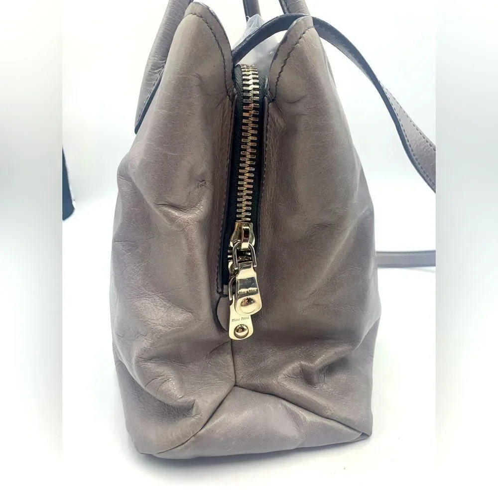 Authentic Miu Miu Vitello Shine Peltro Gray Leather 2way Satchel Preloved